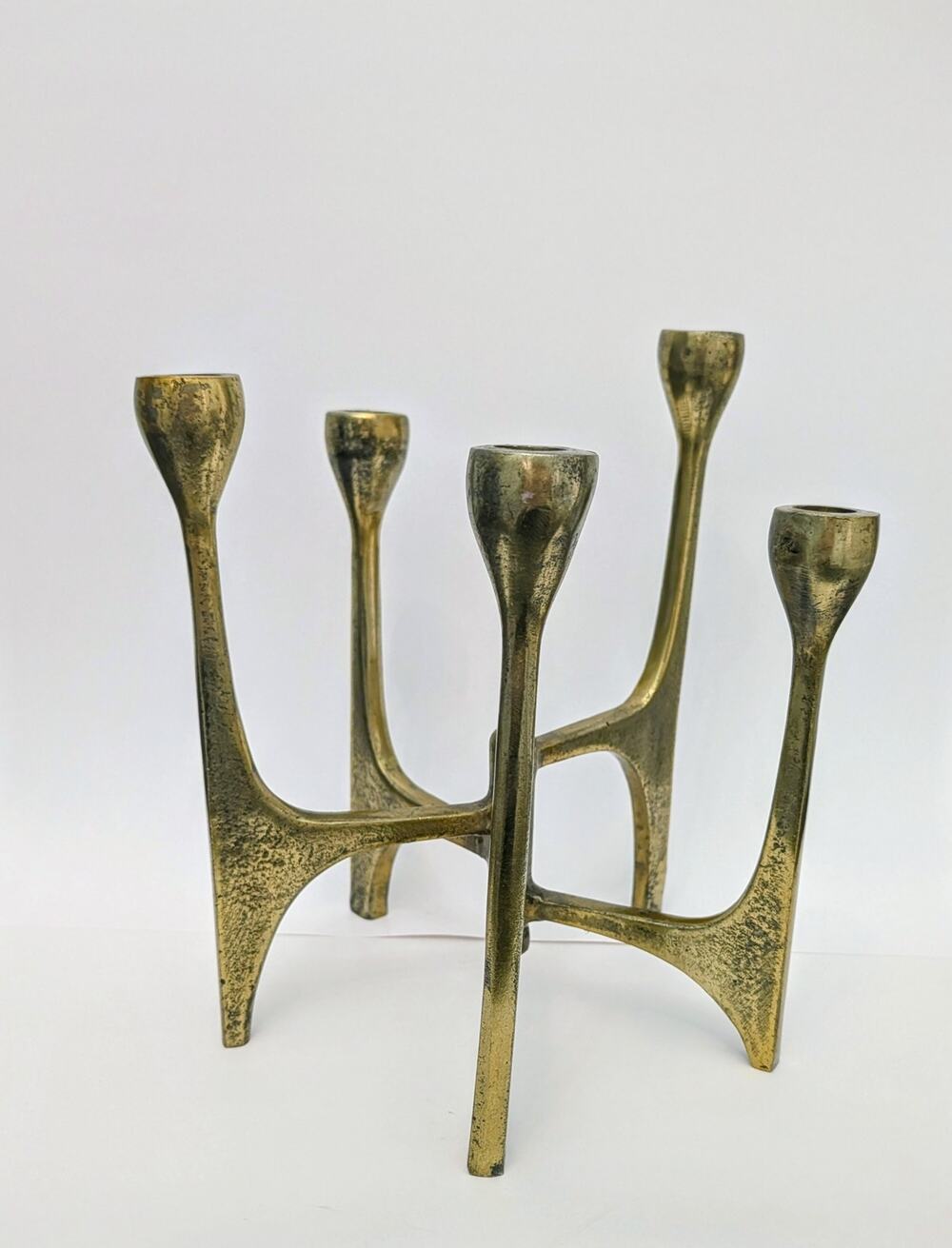 German Brutalist Cast Brass Candelabra MCM Fixed 5-Arm Tree Candle Holder